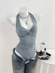 Elamini Bodysuit Feminino Decote em V com Nó na Frente, Minimalista e Sexy, Primavera/Verão - Azul Empoeirado - Visão 3