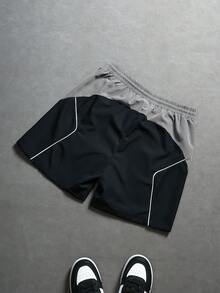 Manfinity ZONE917 Men's Contrast Color Patchwork Letter Print Drawstring Waist Shorts, Holiday - Light Grey - View 2