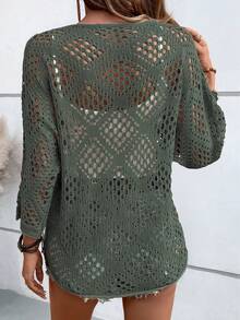SHEIN Holidaya 女士纯色镂空蝙蝠袖宽松休闲毛衣 - 墨綠色 - 查看 3