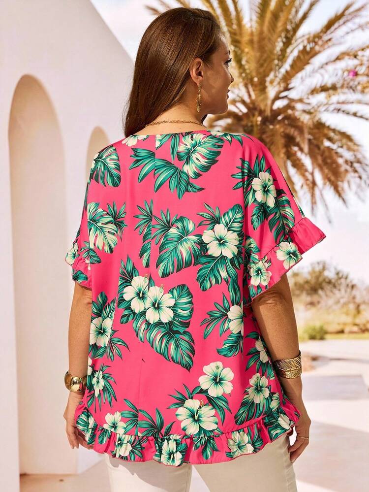 Plus Size Women Floral Print Casual Versatile Daily Wear Shirt Plus Size Tropical Outfits Plus Size Women Clothes Summer Clothes Plus Size Women's Summer Outfits Hawaian Outfit For Women Plus Size Tropicoqueta Outfits Plus Size