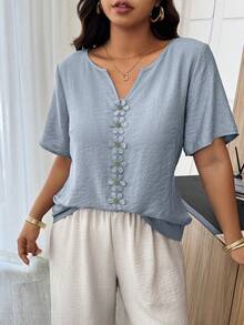 Weeklong Plus Size Women's Spring/Summer Vacation Floral Patchwork Ruffle Trim Loose Short Sleeve Top - Dusty Blue - View 6
