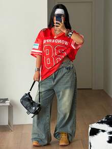 Coolane Women's Men's Plus Size Red Summer Gothic Cowboy Everyday Oversized Mesh Number Pattern Baseball Jersey Graphic Color-Blocked Tee Casual T-Shirt - Red - View 4