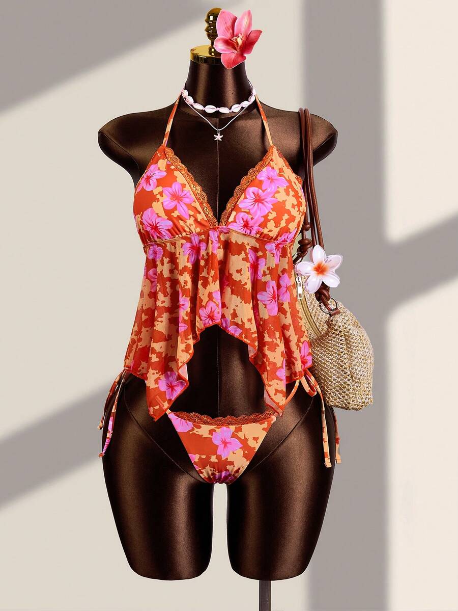 Zestiva Bộ bikini hai mảnh in họa tiết nhiệt đới dành cho nữ - Áo tắm cổ chữ V khoét sâu, viền ren và vạt bèo bất đối xứng, quần bơi cạp cao buộc dây bên hông, đồ bơi nghỉ dưỡng mùa xuân. Bộ tankini bèo nhún. Họa tiết hoa tương phản. Áo tắm in hoa. Họa tiết dâm bụt Hawaii. Áo tắm hoa phong cách Boho. - Nhiều màu - Xem 1