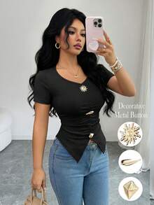Elenzga Women's Elegant Sexy Short Sleeve Fitted Asymmetrical Hem Metal Decor Solid Color Versatile Minimalist T-Shirt, Spring/Summer Night Out Black - Black - View 1