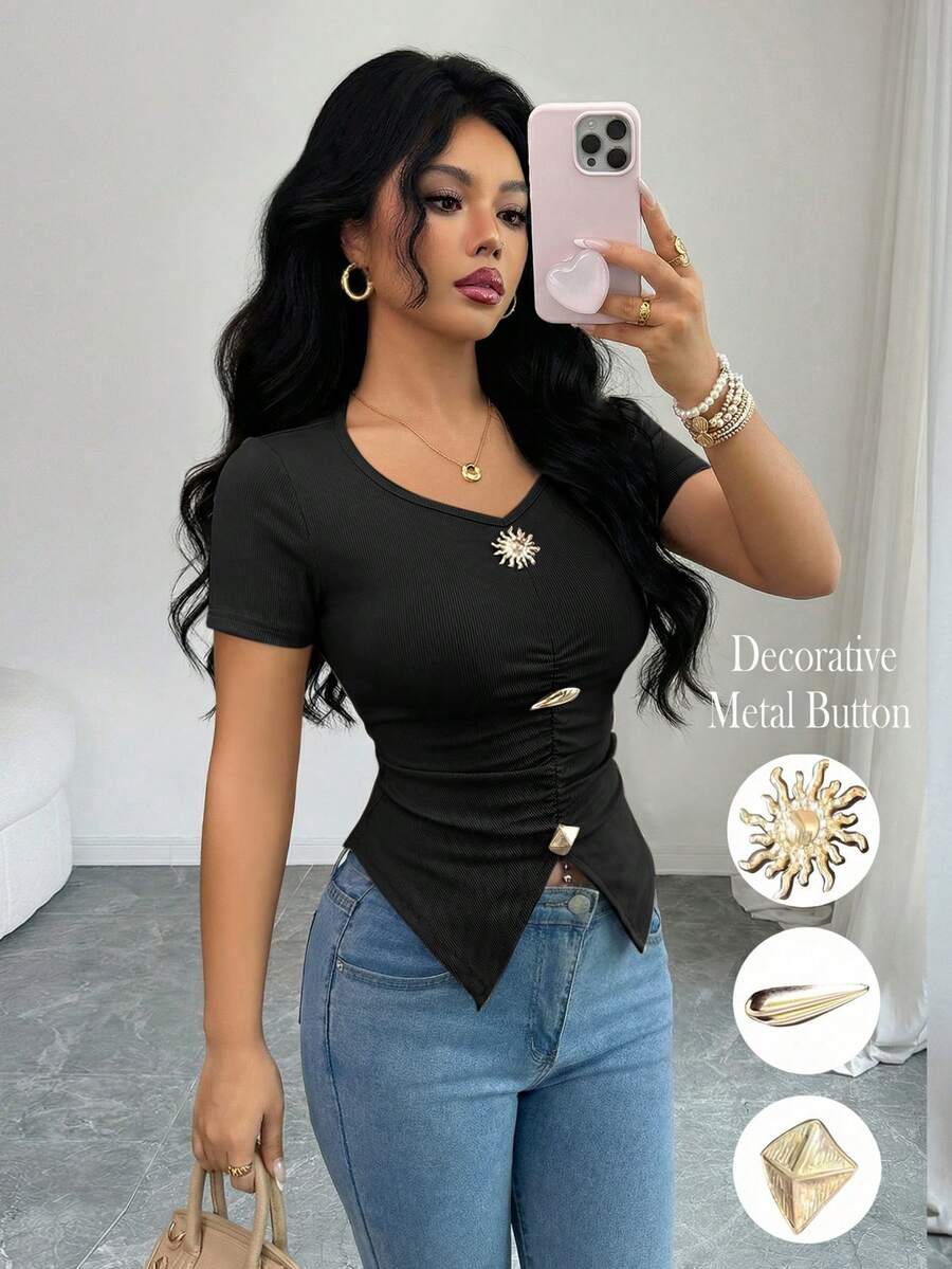 Elenzga Women's Elegant Sexy Short Sleeve Fitted Asymmetrical Hem Metal Decor Solid Color Versatile Minimalist T-Shirt, Spring/Summer Night Out Black - Black - View 1