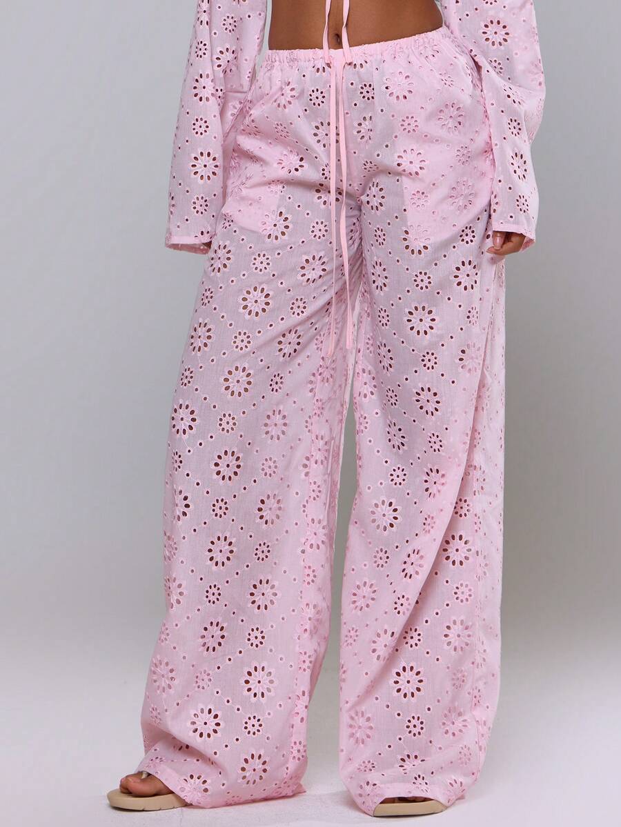 MUSERA 系带前开襟刺绣英式阔腿裤罩衫沙滩泳装夏季度假节日可爱休闲优雅托斯卡纳阳光生日派对泳装 - 粉色 - 查看 1