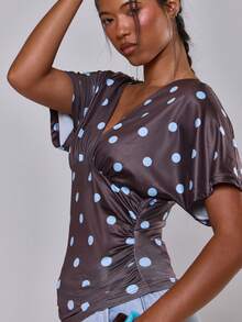 MUSERA Brown And Blue Polka Dot Batwing Cinched Waist Slouchy Top Spring Summer Vacation Holiday Ibiza Boho Sexy Elegant Casual Festival Night Out Everyday - Brown - View 2