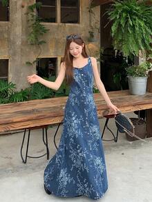 DAZY Vestido vaquero largo de línea A con estampado floral completo, tirantes finos y textura en la cintura, elegante y casual, para mujer. Vestidos de verano para mujeres - Azul - Ver 6
