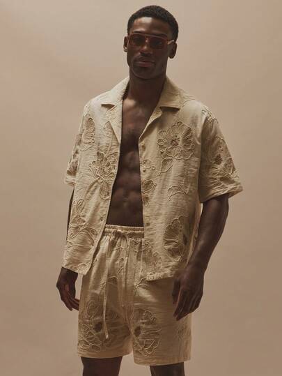 Musero REVERE COLLAR BUTTON THROUGH SHIRT IN FLORAL ROPE EMBROIDERED FABRIC ELASTICATED JOGGER SHORT