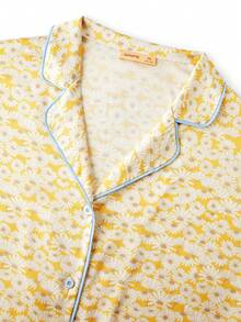 LUVLETTE Plus Size Women's Satin Yellow Printed Collared Button Short-Sleeved Top And Shorts Pajama Set Ruffled Collar & ShortSleeve Top Luxe Lounge Wear - Yellow - View 12