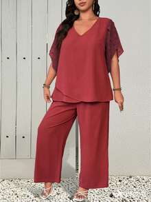 SHEIN LUNE 2 件套大码女式休闲镂空拼接荷叶边袖上衣和直筒裤度假套装 - 玫紅色 - 查看 3