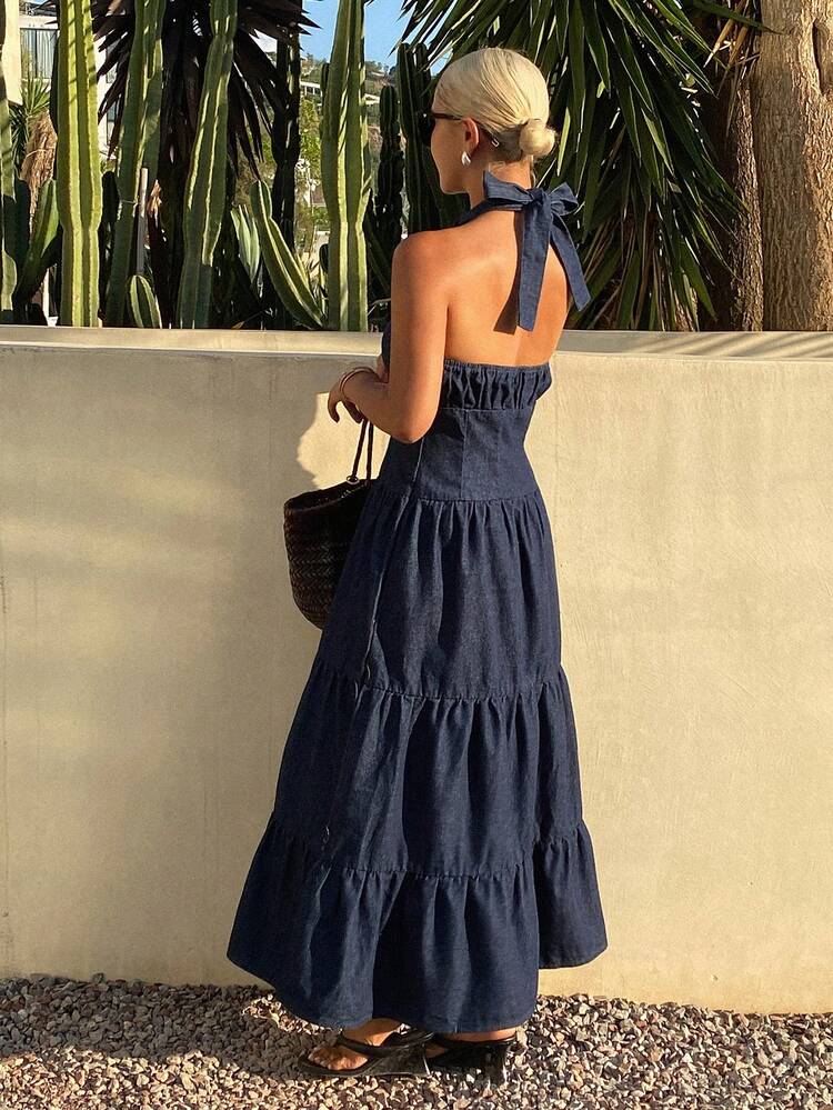 Blue High Collar Sleeveless Waist Cinched Solid Color Denim Dress For Women Sun Dresses For Women