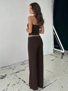 Firerie Conjunto de dos piezas para mujer con top bandeau de cuello drapeado marrón oscuro y pantalones acampanados de pierna recta de cintura ultra baja, conjunto de pantalones con accesorio metálico, conjunto de unicolor, conjunto de cuello drapeado sexy, pantalones de cintura elástica alta, conjunto casual diario, conjunto de chica hot Y2K para mujer, ropa de primavera/verano, casual, cita, fiesta, festival de música, boho, vacaciones, bohemio, playa, Hawái, regreso a la escuela, conjunto de pantalones, conjunto de dos piezas para mujer - Marrón Chocolate - Ver 7