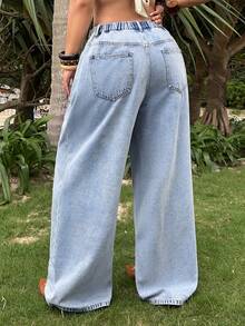 Jeanoix Quần jeans nữ dáng suông rộng rãi, chất liệu wash nhẹ, cỡ lớn, phong cách Y2K. - Rửa nhẹ - Xem 2