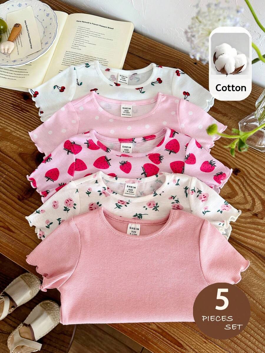 LMoss Kids 5pcs/Set Baby Girl Summer Cute Knitted Floral, Strawberry, Cherry Pattern Ruffle Hem Short Sleeve Top - Multicolor - View 1
