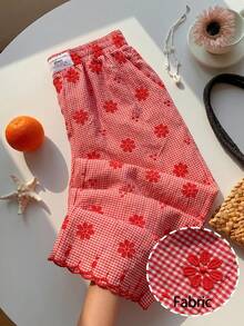 Comfortcana Quần ống rộng nữ màu cam kẻ caro thêu hoa, mẫu mới Xuân/Hè 2026, phù hợp cho mùa đông, lễ Phục sinh, tiệc tùng, đi biển, đám cưới, lễ tốt nghiệp, thanh lịch, thường ngày, kỳ nghỉ, thể thao, trang trọng, phong cách Y2K, công sở, đính sequin, tua rua, xếp nếp, hoa, họa tiết đồ họa. - Đỏ - Xem 1