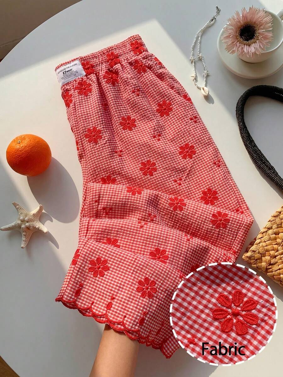 Comfortcana Quần ống rộng nữ màu cam kẻ caro thêu hoa, mẫu mới Xuân/Hè 2026, phù hợp cho mùa đông, lễ Phục sinh, tiệc tùng, đi biển, đám cưới, lễ tốt nghiệp, thanh lịch, thường ngày, kỳ nghỉ, thể thao, trang trọng, phong cách Y2K, công sở, đính sequin, tua rua, xếp nếp, hoa, họa tiết đồ họa. - Đỏ - Xem 1
