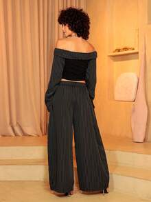 Xuxu's by Gio Women's Fall/Winter Cool Girl Vintage Casual Streetwear Going Out Oversized Brown Curved Hem Pants Pants Striped Black Cargo Pants,Black Pants,Black Pant - Black - View 2
