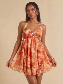 ROMWE Avant Elegant Floral Twist Halter Mini Dress For Vacation - Multicolor - View 6