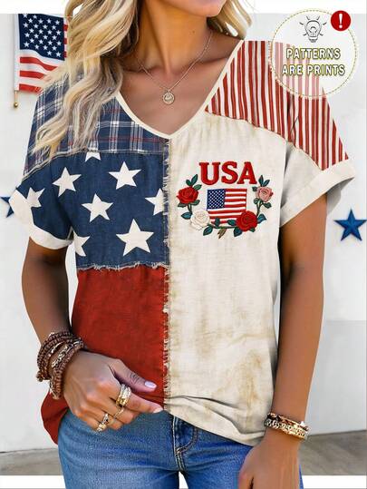 EMERY ROSE Plus Size Women's Faux Embroidery Floral & USA Print Round-Neck Short Sleeve T-Shirts With Rolled Up Cuffs,American Flag Patchwork Print Tops Casual Street Femalewear Summer T-Shirt Fashion Clothing