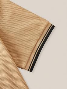 VeloEdit Men's Striped Short Sleeve Casual Commuter Polo Shirt - Khaki - View 4