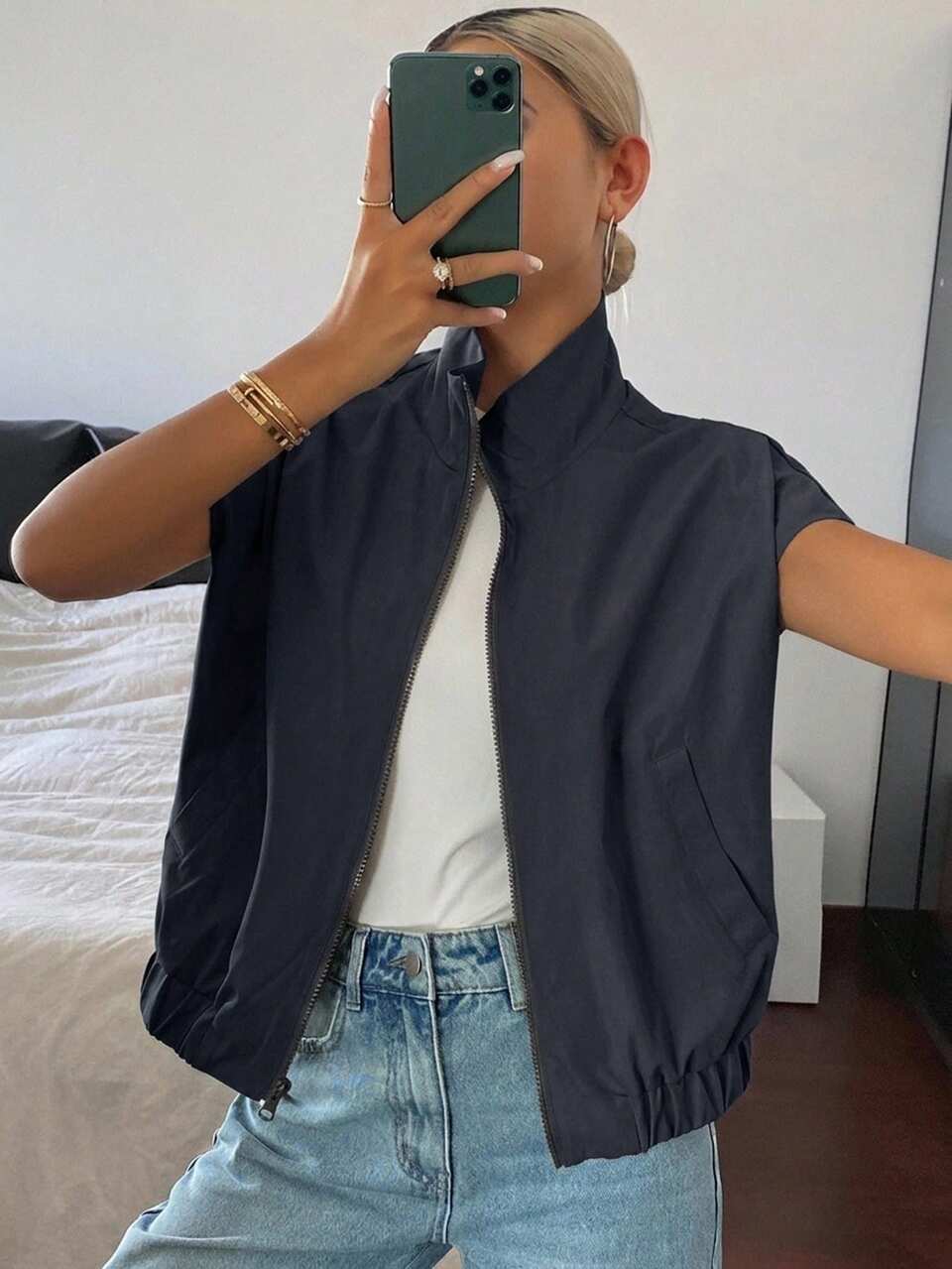 Women's Turndown Collar Sleeveless Short Street Casual Vest-Style Thin Jacket