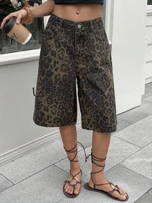 Dazy Tall Women's Leopard Print Cropped Jeans Casual Shorts Summer, Tall Women Everyday Brown - Brown - View 6