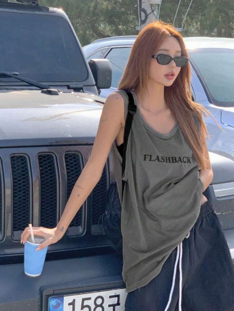 Women's Letter Print Round Neck Casual Loose Tank Top