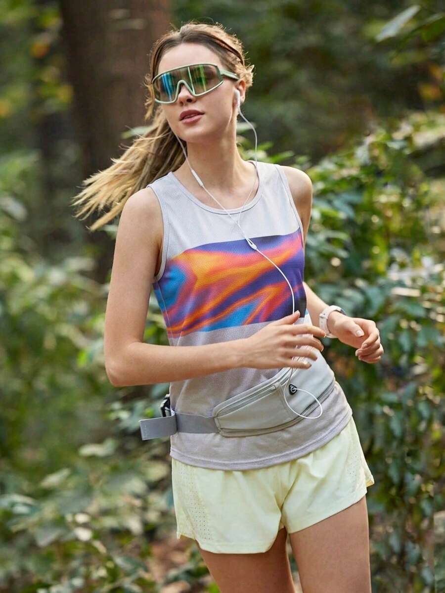 Exploreva Tie-Dye Print Patchwork Sports Tank Top - White - View 1