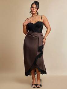 SHEIN BAE CURVE 大码女式咖啡棕色撞色蕾丝优雅A字裙 - 彩色 - 查看 6