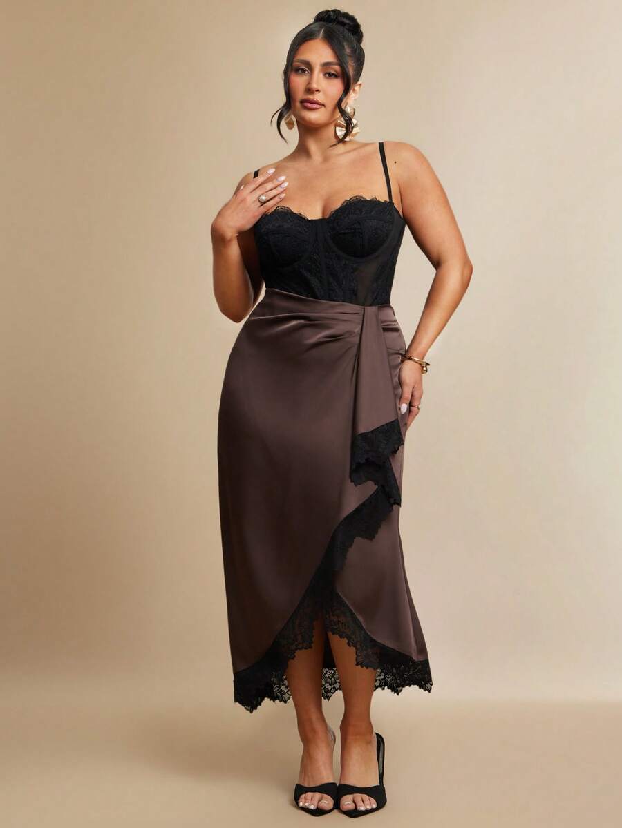 SHEIN BAE CURVE 大码女式咖啡棕色撞色蕾丝优雅A字裙 - 彩色 - 查看 1