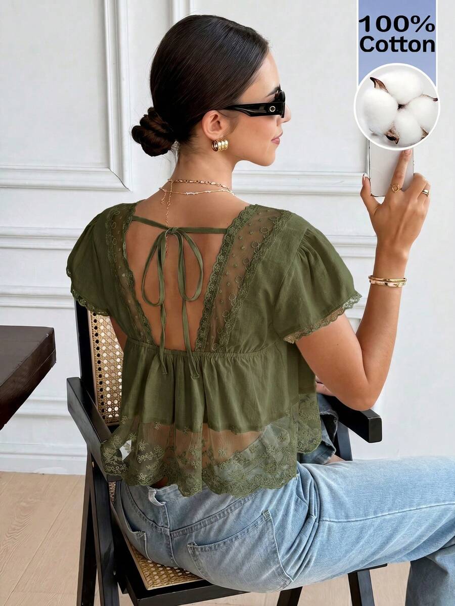 Serisse 女士时尚百搭蕾丝下摆拼接度假衬衫 - 軍綠色 - 查看 1