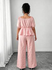 Elenzga Plus Size Women's Elegant French Romantic Floral Jacquard Square Collar Puff Sleeve Peplum Top & Wide Leg Pants 2-Piece Set, Spring/Summer - Pink - View 2