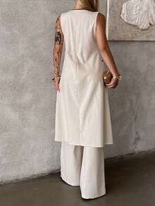 Dazy-Less Bộ đồ 2 mảnh dành cho nữ: Áo vest dài thắt nơ phía trước viền hoa và quần jeans. - Màu Khaki - Xem 2