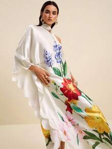 LOTSLUV 女士奶油色热带花卉印花连衣裙，不对称领口，飘逸袖子，夏季度假 - 米色 - 查看 1