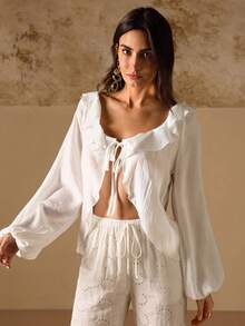 Swim Chiccia Áo khoác kimono mùa hè kiểu Pháp thanh lịch dành cho nữ, cổ chữ V, tay phồng, xếp ly, thắt nơ, thích hợp đi nghỉ mát. - trắng - Xem 1