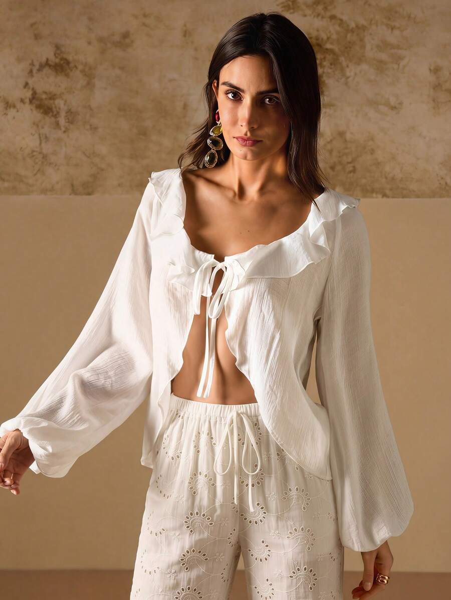 Swim Chiccia Áo khoác kimono mùa hè kiểu Pháp thanh lịch dành cho nữ, cổ chữ V, tay phồng, xếp ly, thắt nơ, thích hợp đi nghỉ mát. - trắng - Xem 1