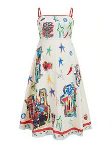 Truni Vestido tipo línea A de estilo bohemio con estampado digital de retazos y tirantes ajustables para mujer talla grande, para primavera y verano - Albaricoque - Ver 1