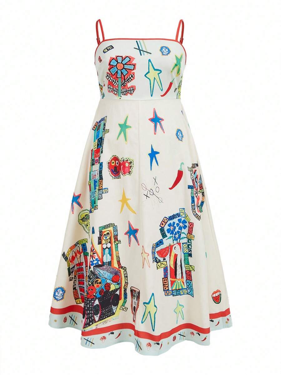 Truni Vestido tipo línea A de estilo bohemio con estampado digital de retazos y tirantes ajustables para mujer talla grande, para primavera y verano - Albaricoque - Ver 1