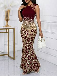 Fleurora 2025 New Women's Elegant Leopard Print Fishtail Hem Burgundy Dress, Summer,Cheetah Print - Burgundy - View 3