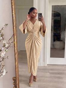 SHEIN Lady CURVE Đầm dự tiệc thanh lịch cổ chữ V, eo nhún, xoắn dành cho nữ cỡ lớn - Màu Khaki - Xem 4