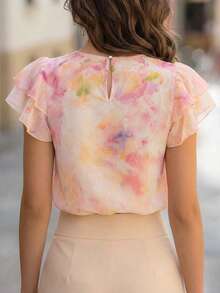Balvessa Tie Dye Gradient Print Round Neck Double-Layer Cap Sleeve Women Blouse - Multicolor - View 2