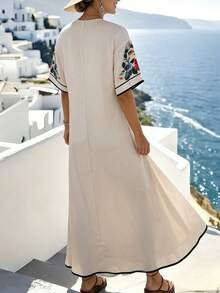 Isle Nomé Women's V-Neck Floral Print Dress, Suitable For Summer Vacation Beige Elegant Sexy - Apricot - View 2
