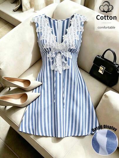 Qadelle Women's V-Neck Lace Trim Waist A-Line Striped Dress, Blue & White, Suitable For Daily, Formal, Elegant Vacation And Commute