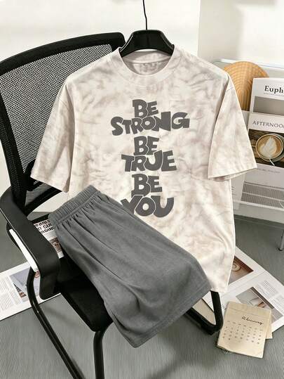 Teenager Boy Korean Casual Style, Funny Cool English Slogan Print Design, Tie-Dye All-Over Print, Fashion Round Neck Short Sleeve T-Shirt With Shorts Set, Sports Suit, Suitable For Holidays, Parties, Spring/Summer, Lightweight And Comfortable, Summer/Spring Fashion Casual Wear, Street, Outdoor, Campus, Holiday, Gift