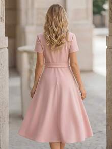 Miaspire Middle-Aged Elderly Women's Elegant Casual Solid Color Belted Commuter Summer Dress,Pink Festival Outfit,Formal Office Mother Of The Bride Outfits - Dusty Pink - View 2
