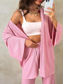 SHEIN Women's Two Pieces Set In Solid Pink – Kimono And Wide Leg Pants - Pink - View 2