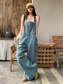 DAZY Bộ áo liền quần denim phối màu tương phản dành cho nữ, kiểu dáng đường phố thường ngày, quần yếm denim đã qua xử lý. - Rửa trung bình - Xem 4
