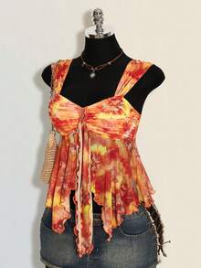 SHEIN ICON 夏季女士外出波西米亚性感度假沙滩装印花褶皱不对称下摆无袖吊带背心 - 橘色 - 查看 3