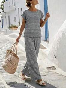 Women's Vacation Casual Striped Top And Pants 2 Pieces Set - Grey - View 1